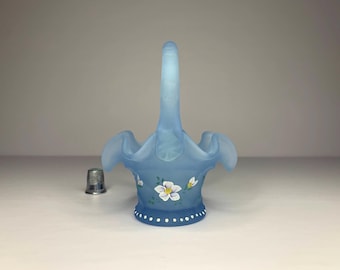 FENTON *2001 QVC Exclusive* 4.5" Mini Basket Satin Ice Blue Georgian w/ Handpainted Flowers by Artist J. Powell