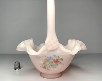 FENTON "Watercolors" on Pink Satin 7" Basket w/ "Basketweave" Pattern Handpainted by Artist D. Gessel (9335PF)