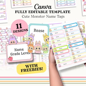 Labubu School Name Tags | Cute Monster School Labels | Name Label Editable Canva Template | Back To School Printable Stickers