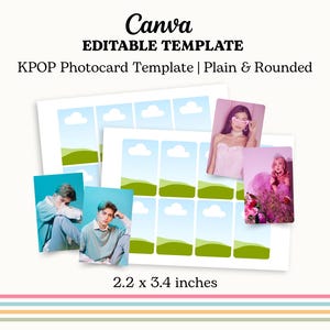 Könnte beinhalten: Bearbeitbare Canva KPOP-Fotokarten-Vorlage mit schlichten und abgerundeten Designs. Die Vorlage enthält Beispielbilder und eine Größe von 5,6 x 8,6 cm. Das Design hat einen hellen Hintergrund mit einem farbenfrohen Streifenmuster.