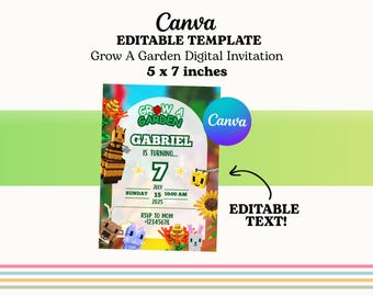 Invitación digital "Grow A Garden" de Roblox / Invitación para fiesta infantil imprimible / Plantilla de invitación editable de Canva / Descarga digital instantánea