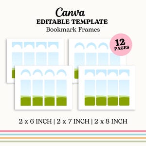 Puede incluir: Imagen de una plantilla editable de Canva para marcos de marcadores. El diseño incluye cuatro diseños de marcadores con un diseño de paisaje azul y verde. El texto indica que la plantilla incluye 12 páginas y viene en tamaños de 5,08 x 15,24 cm, 5,08 x 17,78 cm y 5,08 x 20,32 cm.