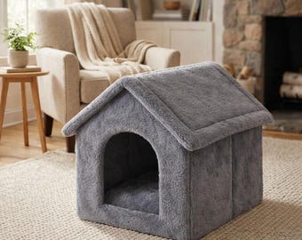 Cozy Plush Dog Cat Cave Bed with Roof, Washable Indoor House for Small Pets