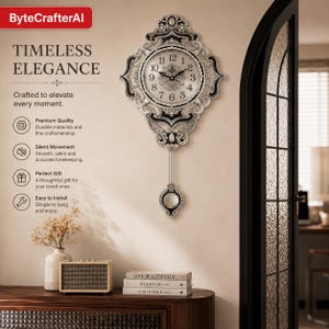 May include: A wall clock with a silver and black ornate frame, a round white face with black Arabic numerals, and a pendulum. The text "ByteCrafterAI" and "TIMELESS ELEGANCE" is visible, along with bullet points describing product features.