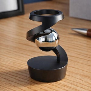 May include: A black desk ornament with a spiraling design, holding a reflective silver sphere. The base and top ring are black, creating a contrast with the sphere. The ornament sits on a wooden surface.