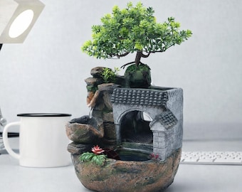 Tabletop Zen Waterfall Fountain with Bonsai Tree, Indoor LED Water Decor
