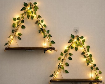 Triangle Hanging Shelf with Fairy Lights & Ivy | Boho Wall Decor