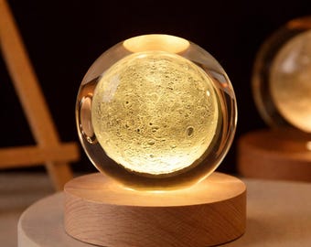 Luxury 3D Crystal Ball Lamp LED Night Light Solar System Moon Globe Wooden Base
