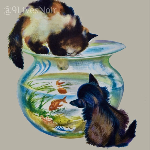 Vintage Kittens in Fishbowl Print,  The Goldfish Illustration, Retro Cats Adorable Children Nursery Wall Art, DIGITAL PRINTABLE DOWNLOAD