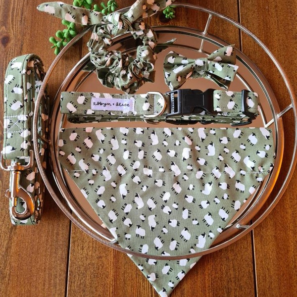 Handmade Green Sheep Print Dog Collar (Bow/Bandana/Lead Available)