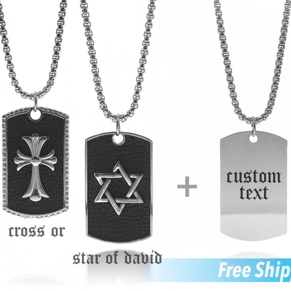 CUSTOM ENGRAVE Personalized Cross Necklace, Engrave Star of David, Engraved Dog Tag Necklace, Stainless Steel Dog Tags For Men Rolo Chain