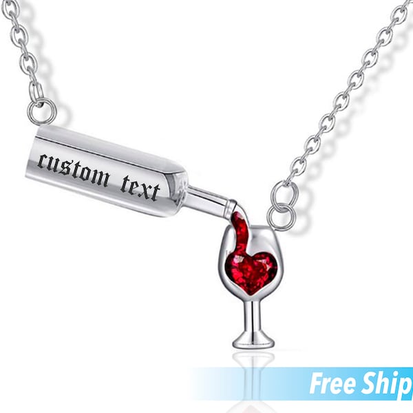 Pendentif en verre de vin gravé personnalisé, gravure au laser personnalisez la tasse en verre en verre de vin en acier inoxydable, cadeau de bijoux d’accessoires d’amour de dames