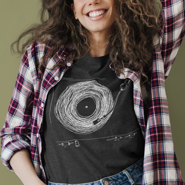 Artsy Turntable Shirt with Vinyl Record Player Tee Gift for Collector, Retro Vintage Album Art Design on Cotton Unisex Mens TShirt XL XXL