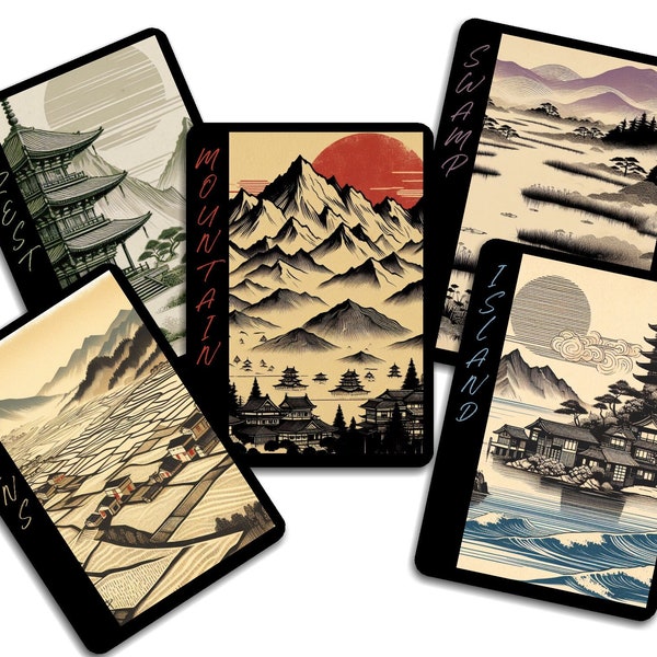 5 Each Lands, Japanese Style Mana Pool for Magic MTG Trading Card Plains Mountain Forest Swamp Island Minimal Monotone