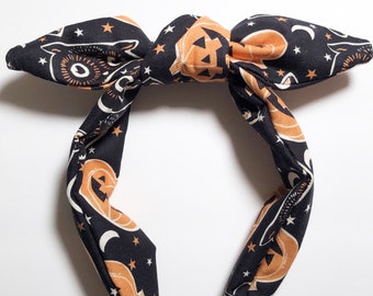 Halloween Cat and Pumpkin Icons Black Knotted Headband