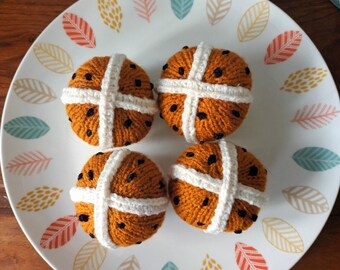 4 hand knitted hot cross buns