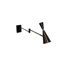 May include: A black wall-mounted lamp with a cone-shaped shade. The lamp has a long, adjustable arm and a black base.