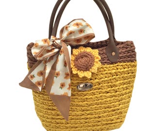 Luxury Cotton T-Shirt Yarn Crochet Handbag Mustard Yellow/Soft Brown