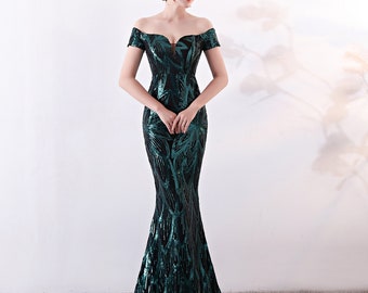 Custom Gown Dress Evening dress sequins evening gown for women green Prom Dress Off Shoulders Prom Dress Prom Gown Ball Gown dress