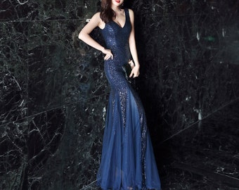 Custom Gown Dress Evening dress sequins evening gown for women blue Prom Dress Prom Gown Ball Gown dress