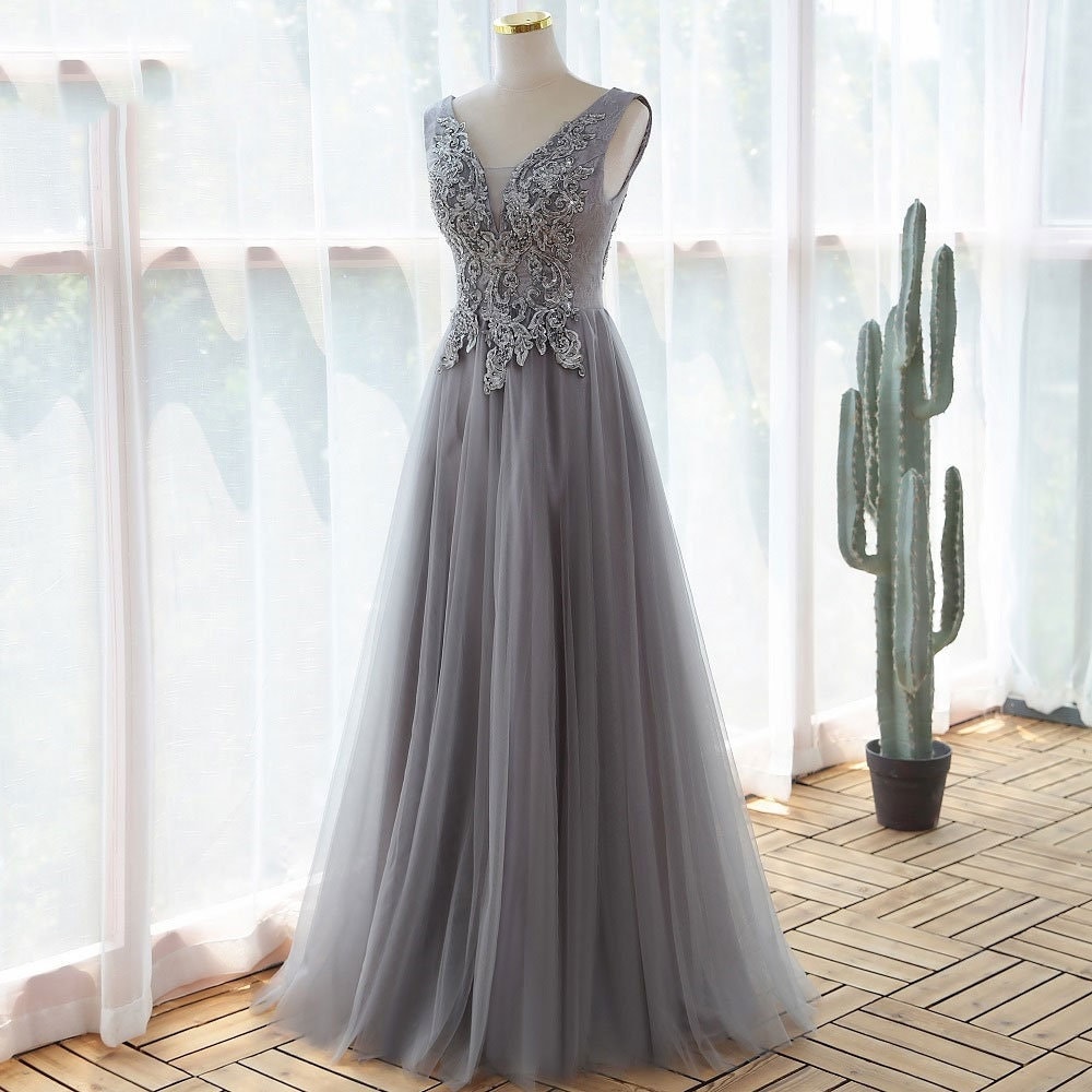 Fantasy Grey Bling Tulle Ballgown Prom Dress with V-neck Bubble Sleeves -  $147.992 #V78158 - SheProm.com