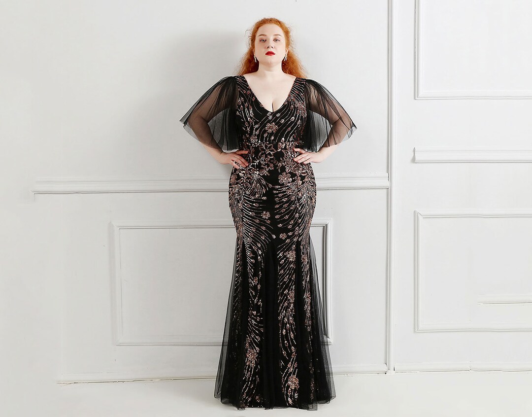 Custom Plus Size Evening Gown Dress Gold Black Sequens Mermaid Evening ...