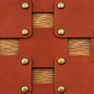 May include: A series of rectangular brown leather segments connected in a grid pattern by metallic brass-toned rivets. Each leather piece features rounded corners and a smooth matte finish, with the rivets securing the overlapping layers together.