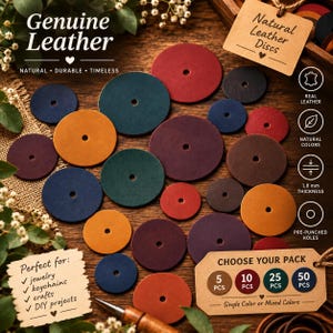 Könnte beinhalten: Eine Sammlung runder Lederplättchen in verschiedenen Farben wie Rot, Blau, Grün, Braun und Orange. Jedes Plättchen hat ein vorgestanztes Mittelloch und eine Dicke von 1,8 mm. Die Plättchen werden zusammen mit Textetiketten präsentiert.