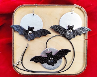 Leather Bat Earrings and Necklace SET – Handmade Halloween Jewelry
