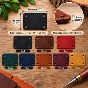 May include: A collection of rectangular leather labels with four corner holes, available in black, brown, red, green, blue, cognac, purple, and beige. Each label measures 1.7 by 1.5 inches with a thickness of 0.07 inches as indicated by labels.