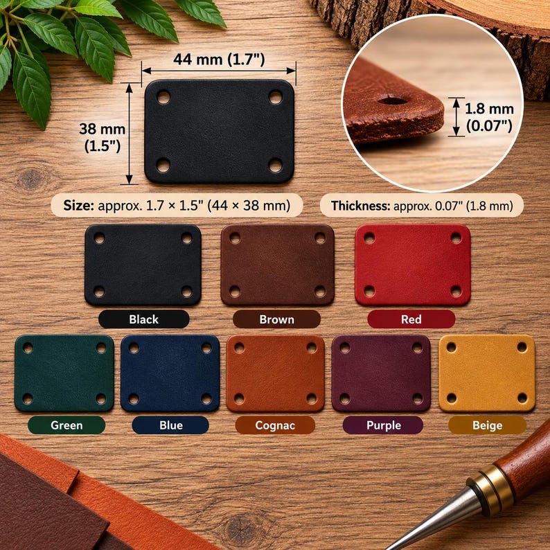 May include: A collection of rectangular leather labels with four corner holes, available in black, brown, red, green, blue, cognac, purple, and beige. Each label measures 1.7 by 1.5 inches with a thickness of 0.07 inches as indicated by labels.