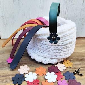 Two Personalised Leather Handles For Crochet & Knitting Bag with flowers, Handles Handmade Bags