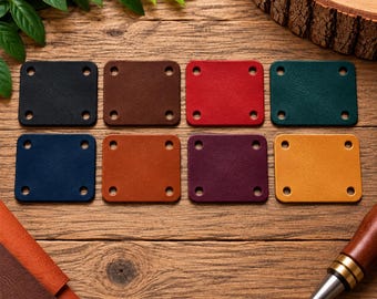 May include: A set of eight rectangular leather patches in various colors including black, brown, red, dark green, navy blue, tan, purple, and yellow. Each patch features four pre-punched holes, one in each corner, for attachment purposes.
