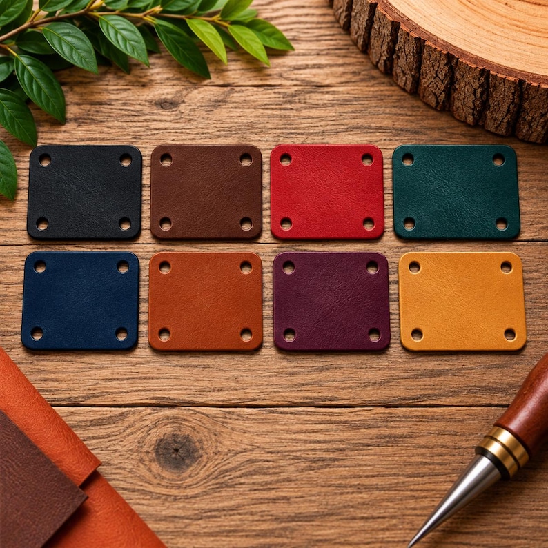 May include: A set of eight rectangular leather patches in various colors including black, brown, red, dark green, navy blue, tan, purple, and yellow. Each patch features four pre-punched holes, one in each corner, for attachment purposes.