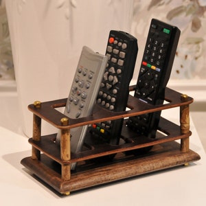 Leather Remote Holder for 3 Devices | Custom Engraved TV Remote Organizer | Handmade Wood & Leather Caddy