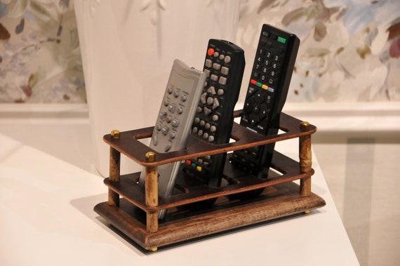 Leather Remote Holder for 3 Devices | Custom Engraved TV Remote Organizer | Handmade Wood & Leather Caddy