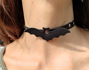 Leather Bat Choker Necklace – Adjustable Halloween Gothic Jewelry – 15” Length