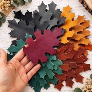 Puede incluir: Una colección de formas de hojas troqueladas hechas de material liso en varios colores, incluyendo negro, rojo intenso, verde bosque, amarillo mostaza y naranja quemado. Las hojas presentan lóbulos puntiagudos y están superpuestas.