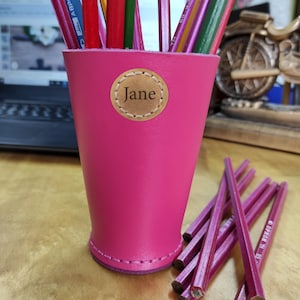 Custom Leather Pencil Holder – Handmade Organizer Cup – Personalized Desk Accessory Gift