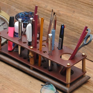 Leather Pen Holder, Pencil Stand, Wood Desk Organizer
