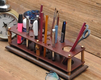 Leather Pen Holder, Pencil Stand, Wood Desk Organizer