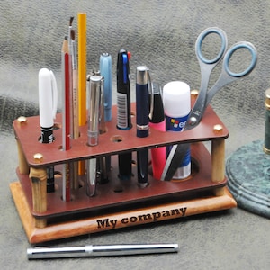 Personalized Leather Desk Organizer – Pen & Pencil Holder with Bamboo and Wood Base, Engraved Gift for Office or Studio