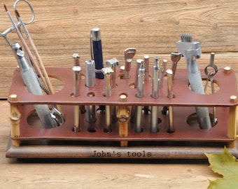 Large Leather Tool Rack – Handmade Organizer for Tools, Pens, Brushes – Custom Engraved Gift