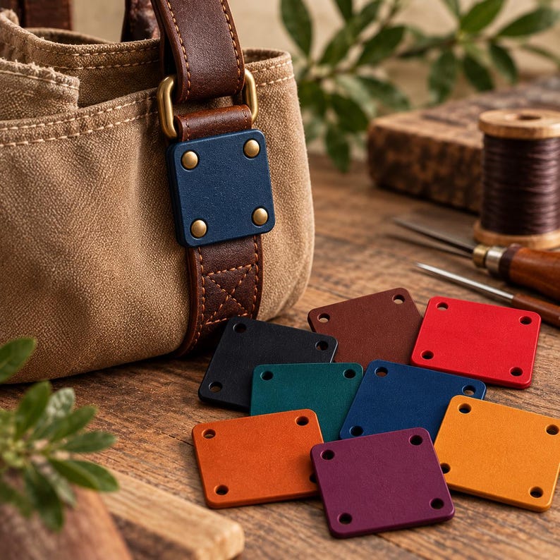 May include: A tan canvas bag with a brown leather strap and a blue leather square patch attached by four brass rivets. Several additional square leather patches in various colors including red, yellow, purple, black, and teal are scattered nearby.