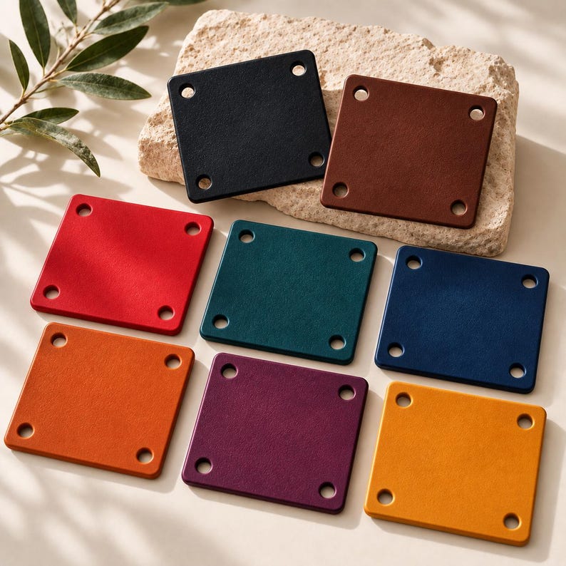 May include: A collection of eight square leather patches in various colors including black, brown, red, teal, navy blue, orange, purple, and yellow. Each patch features four circular holes, one at each corner, designed for attachment to garments or accessories.