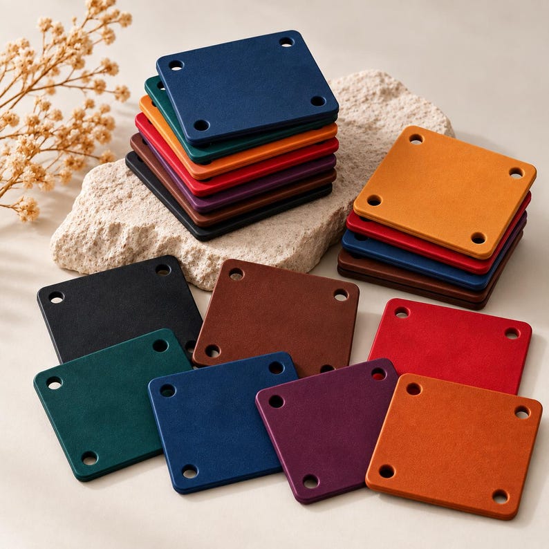 May include: A collection of square leather patches in various colors including blue, green, orange, red, purple, brown, and black. Each patch features four circular holes, one at each corner, and a smooth, matte finish on the surface.
