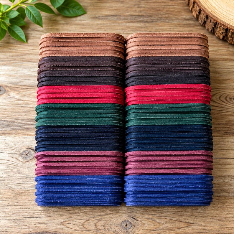 May include: Two stacks of flat leather cords arranged in parallel columns. The cords are organized by color, featuring shades of tan, dark brown, red, dark green, navy blue, burgundy, and bright blue, all with a matte, suede-like texture.