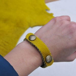 Yellow Buffalo Leather Bracelet – Snap Closure, Classic Handmade Wristband, Soft Hair-on Cuff for Men & Women