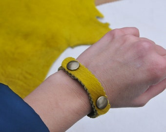 Yellow Leather Bracelet, Yellow Leather Wristband