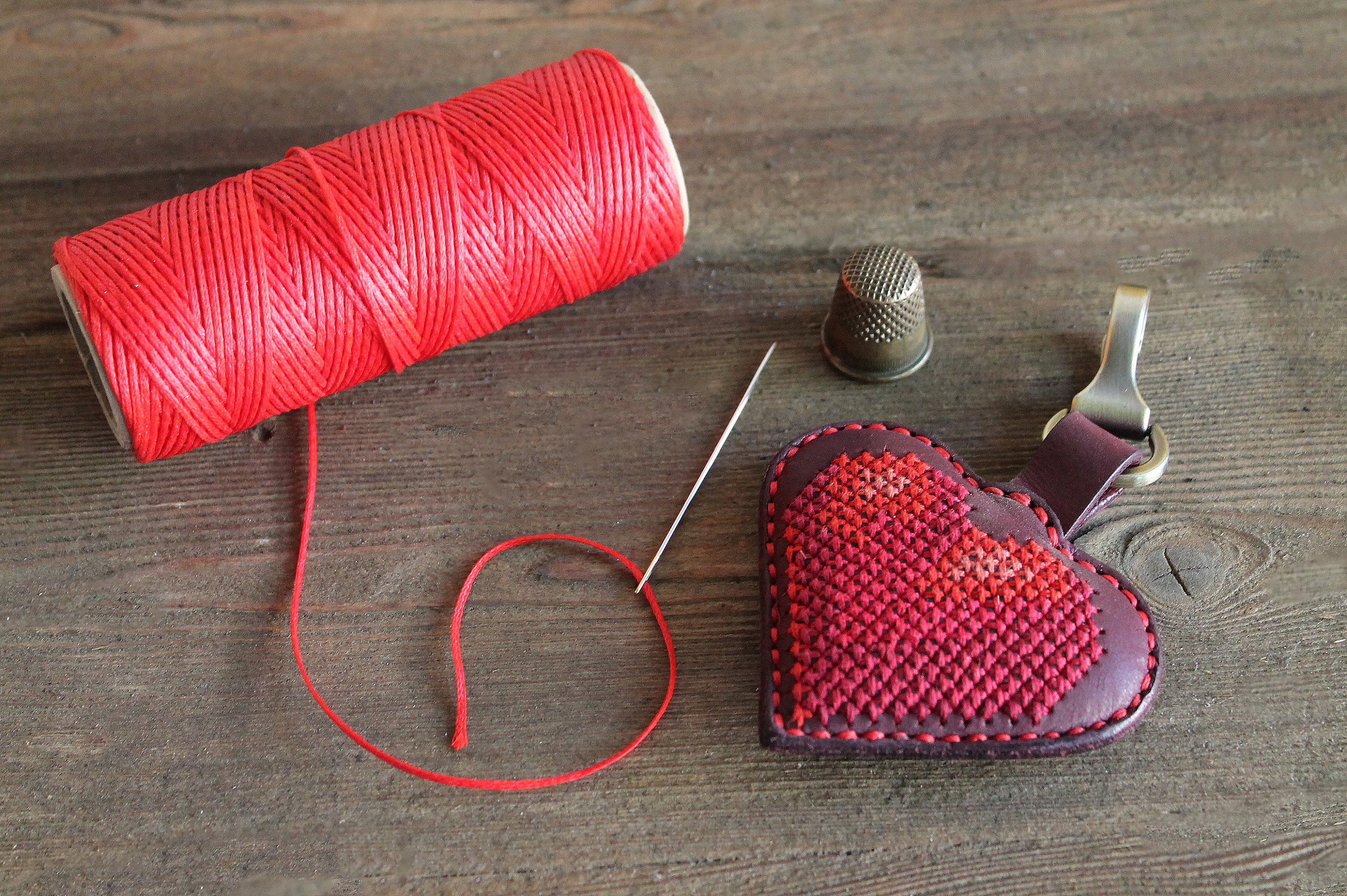 Leather Keychain Handmade With Crossstitch With Natural Silk Etsy